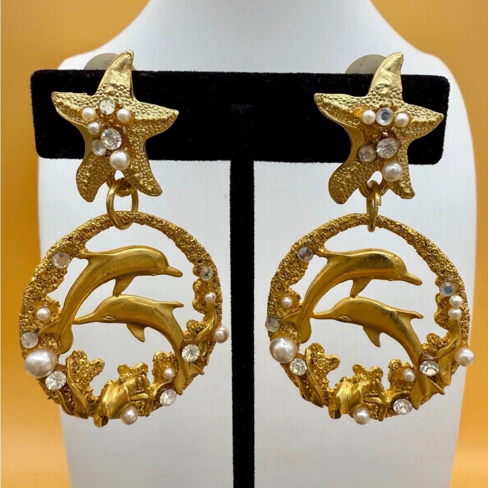 Vintage Norma Jean Gold Dolphin & Starfish Drop Earrings with Pearls & Crystals